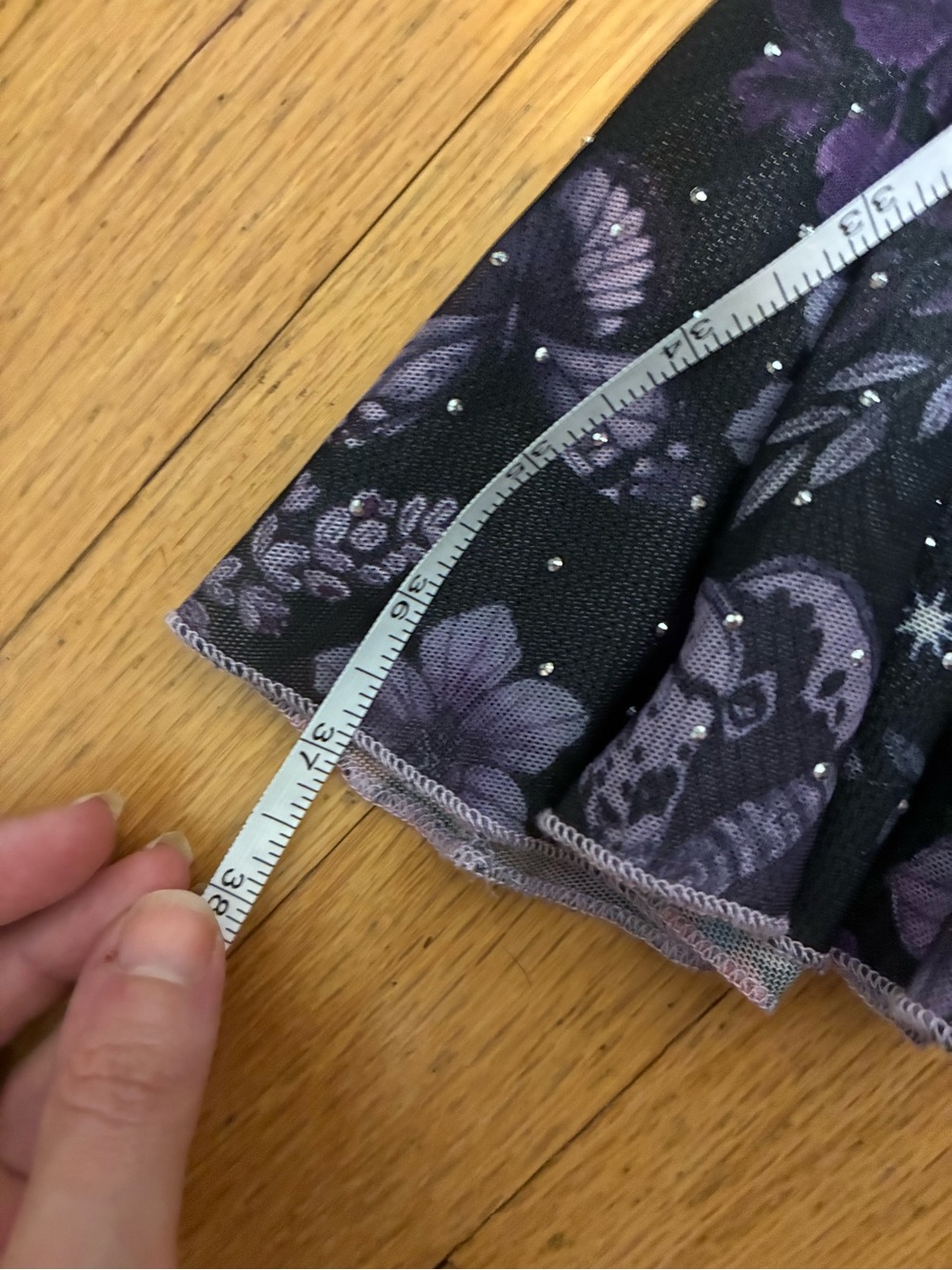 Whimsigoth Purple Floral Asymetrical Maxi Skirt with Tie Waist and Rhinestones - Picture 9 of 11